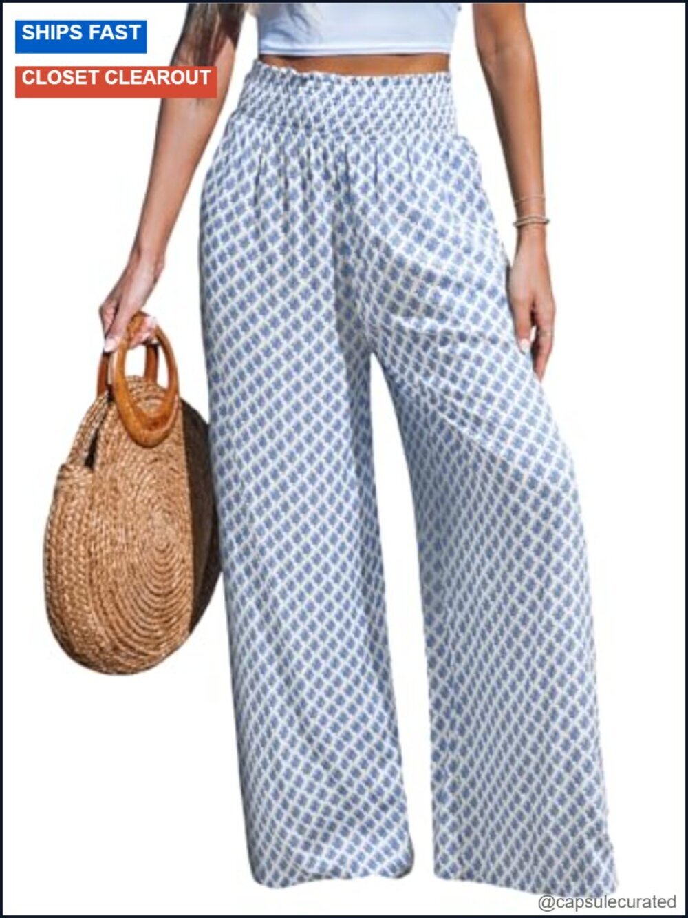 Wide Leg Palazzo Pants - Elastic High Waisted Flowy Trousers for Beach Vacation